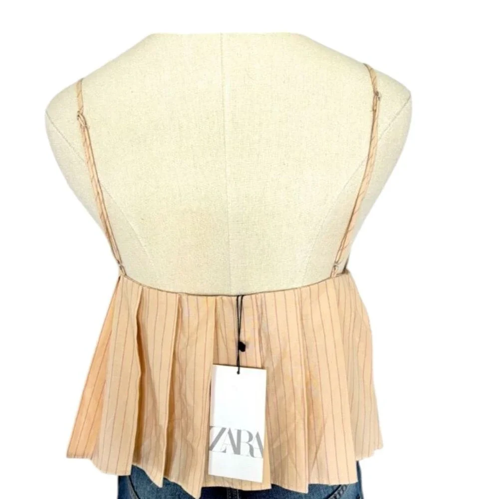 Zara Tank Top Pinstriped Crop Babydoll Peplum V Neck Straps Cotton Cream Pink S - Picture 4 of 10